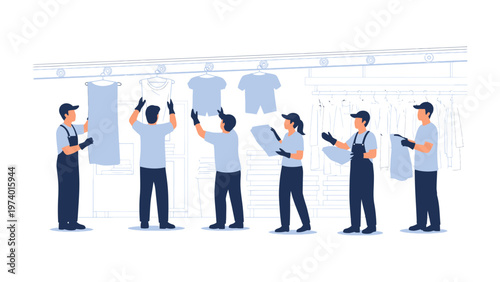 Laundry Line Crew at Work: A team of laundry professionals efficiently handles clean garments on the laundry line, showcasing their dedication and teamwork in a modern, organized facility.