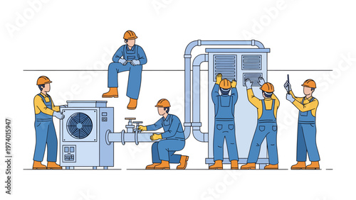 HVAC Technicians at Work: Skilled technicians in workwear collaborate on installing and maintaining complex HVAC systems, emphasizing expertise and precision in the industry.