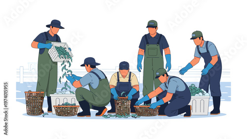 Harvesting the Aquatic Bounty: A group of skilled workers diligently sort and organize a plentiful haul of fish, their actions reflecting the vital industry and the fruits of labor.