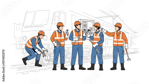 Railway Engineers at Work: A team of railway engineers working diligently together, inspecting and maintaining the train with their tools, embodying expertise and teamwork.