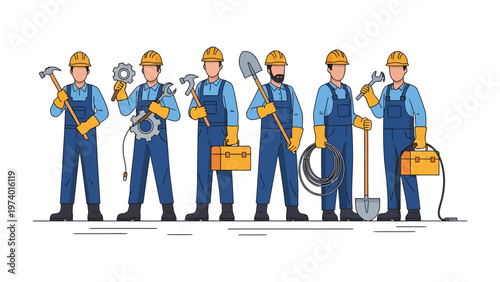 Constructing the Foundation: An illustration featuring a diverse group of construction workers, each armed with a variety of tools, symbolizing teamwork and the essential elements of building.