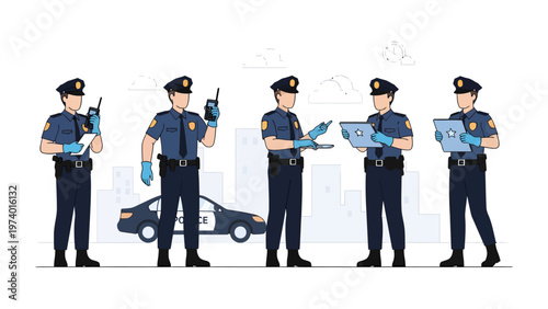 Law Enforcement Team: A team of law enforcement officers stand in line, each engaged with different communication and technology tools, representing modern policing.