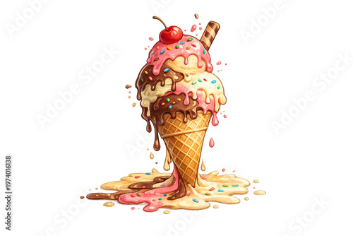 melting ice cream, ice cream cone, dripping ice cream, colorful sprinkles, sweet dessert, summer treat, melting dessert, ice cream illustration, pastel dessert, fun food art, creamy texture, sugary to