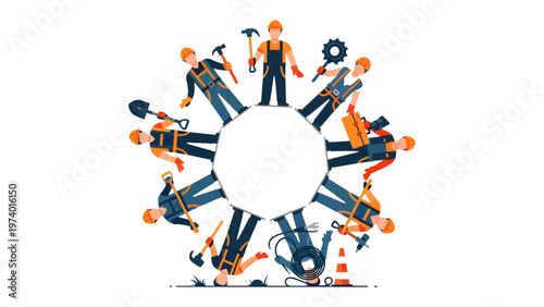 Teamwork Harmony in Construction: A collaborative circle of construction workers, each holding tools, embodies the essence of teamwork and shared goals, symbolizing unity, industry.