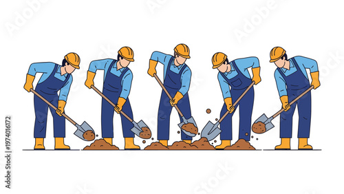 Construction Crew at Work: A group of construction workers diligently employ their shovels, engaged in the labor of digging. This image encapsulates the essence of construction, teamwork.