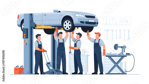 Automotive Maintenance Team at Work: A team of skilled automotive technicians diligently services a car, lifted on a hydraulic hoist in a well-equipped workshop setting.