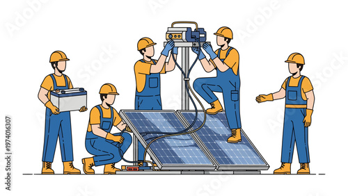 Solar Panel Installation Team: A team of skilled technicians meticulously assembles solar panels, showcasing the fusion of human expertise and sustainable energy innovation.