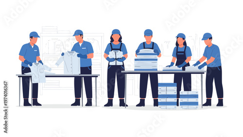 Service workers at the Garment factory: Illustrative view of garment factory workers, meticulously preparing and handling clothing items, showcasing precision, dedication.