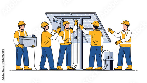 Solar Panel Installers: A team of skilled technicians meticulously installs solar panels, symbolizing the advancements in sustainable energy