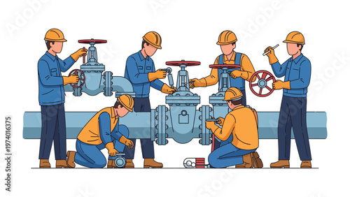 Technicians at Work on Industrial Valves: A group of skilled technicians in a industrial setting, meticulously working on intricate industrial valves, showcasing expertise in engineering.
