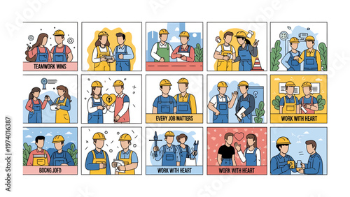 Illustrated teamwork: Illustrated collection, capturing unity, partnership, shared goals and collaboration in various scenes, representing a group working harmoniously to achieve success.