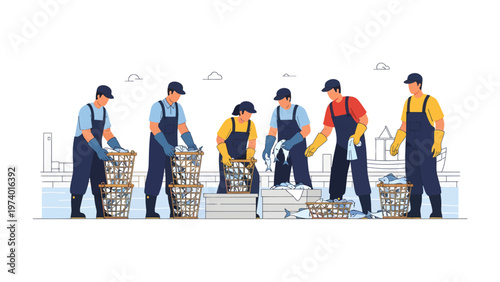 Seafood Processing Team: An illustration of a diligent team working together at a seafood processing facility, the teamwork and attention to detail in their work ethic.