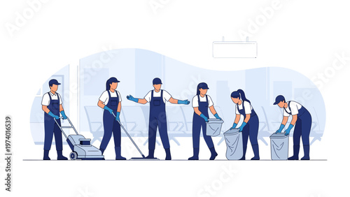 Cleaning Crew at Work: A coordinated crew of diligent workers maintains pristine cleanliness in a modern interior setting, showcasing dedication to their profession. 