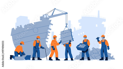 Ship Dismantling: A detailed illustration of workers disassembling a ship with the precision of experienced professionals, each person plays a vital role in this intricate operation.