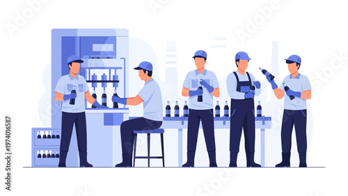 Automated Bottling Line: A streamlined automated bottling line hums with activity as diligent workers oversee the production process, ensuring quality and efficiency. 