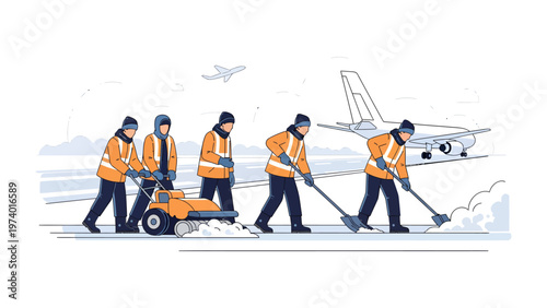 Airport Snow Removal Team: A dedicated team working to clear snow from an airport runway, ensuring the safety and smooth operation of air travel. A scene of teamwork, efficiency, and dedication.