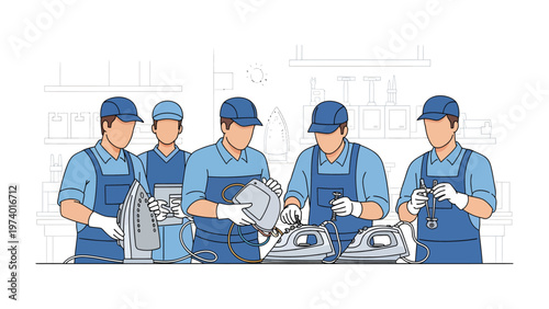 Team of Technicians in Repair Workshop: A group of skilled technicians is intently focused on the repair and maintenance of household appliances in a workshop setting.