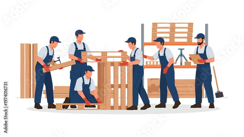 Team of Builders at Work: A group of skilled workers collaboratively construct a wooden pallet, embodying the spirit of teamwork and precision in a workshop setting.