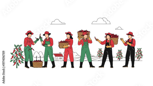 Harvest Gathering: A team of dedicated farmers harvests ripe chili peppers, symbolizing the bounty of the earth and the communal spirit of agriculture.