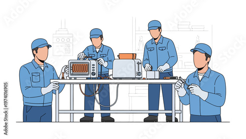 Precision Assembly Team: A team of skilled technicians meticulously working together to assemble a machine with precision and expertise.