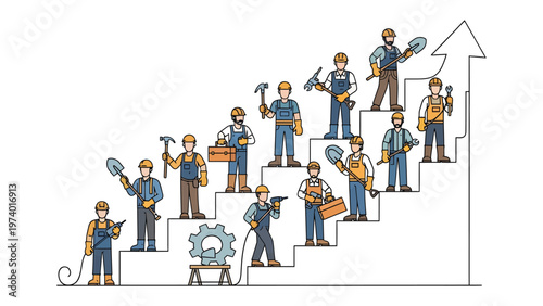 Building the Future: Construction workers ascend a staircase toward success, tools in hand, symbolizing progress and industry growth.