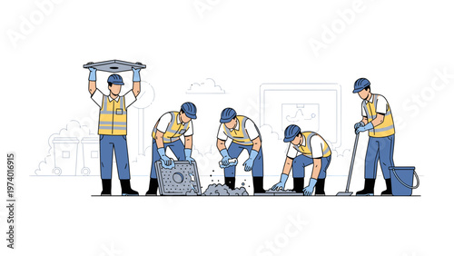 Road Cleaning Professionals in Action:  A group of diligent sanitation workers in the process of cleaning the road, ensuring a clean and tidy environment. 