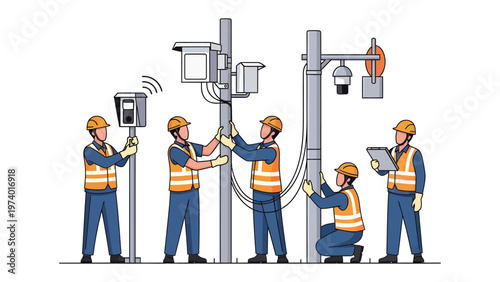 Smart City Technicians at Work: A team of skilled technicians is seen meticulously installing and maintaining the intricate infrastructure of a smart city system.