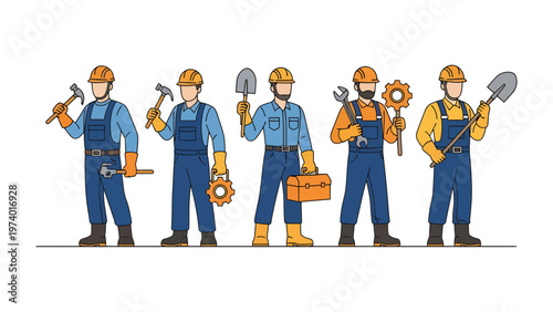 Team of Builders at Work: A group of construction workers, each holding a different tool, stands together with a determined gaze. It showcases dedication, expertise.