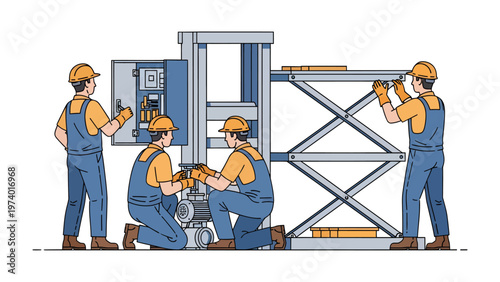 Fotografi Teamwork on Industrial Machinery: A dedicated team of skilled workers collaborates on the maintenance and repair of complex industrial machinery, their expertise and precision evident in every action