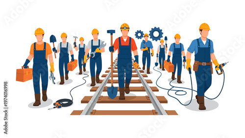 Railway Workers' Parade: A dedicated team of railway workers strides confidently along the tracks, each carrying essential tools, symbolizing industry and progress.