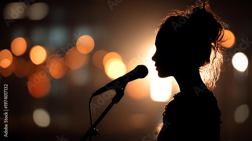 Silhouette of a woman with her hair in a bun, singing into a microphone on a dimly lit stage, with blurred bokeh lights in the background