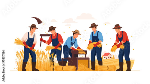 Harvest Team: Depicts a group of farmers working together in a wheat field during the harvest season. A collaborative scene capturing the spirit of hard work and the bounty of nature.