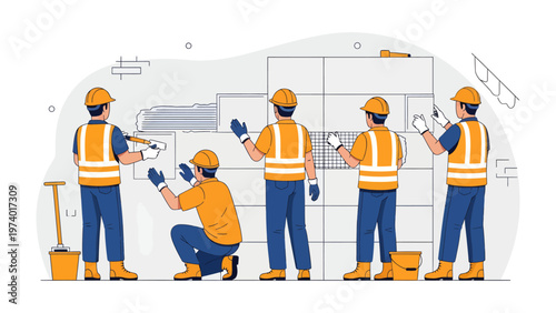 Construction Crew at Work: A team of skilled construction workers collaboratively working, focusing on precision, collaboration, and dedication to their craft.