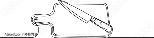 Continuous one line of a cutting board with knife, food preparation symbol, style hand drawing vector illustration.