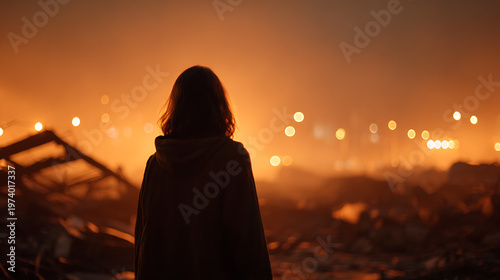 A lone woman stands silhouetted against a fiery orange sky, looking out over a desolate, post-apocalyptic landscape with scattered debris and distant lights