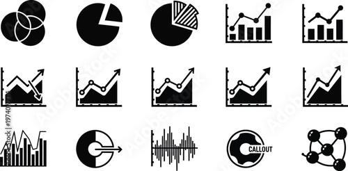 Collection of diverse business and data chart icons represents financial growth and analytical concepts.