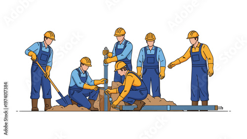 Teamwork and Precision: Construction workers collaborate on a construction project, emphasizing the importance of teamwork. They focus on detail work with commitment.