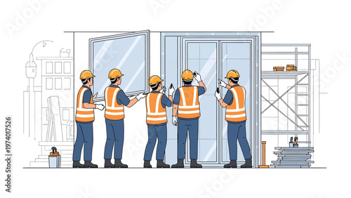 Teamwork on Construction Site: A dedicated team of construction workers collaborate to install windows, showcasing precision and cooperation in their craft.