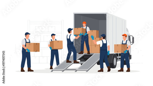Moving Day Logistics: A team of diligent movers efficiently loads cardboard boxes onto a truck, showcasing seamless teamwork and meticulous organization for a smooth relocation process.