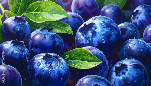 Close-up of Fresh, Ripe Blueberries with Green Leaves.