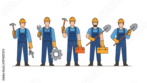 Construction Crew Ensemble: A team of construction workers stand confidently, each holding a different tool, ready to collaborate on any project. The image signifies skill, collaboration.