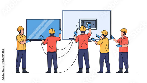 Technicians at Work: A team of skilled technicians are engaged in the process of installing a television and fuse box, symbolizing expertise in technology and precision in the realm of industry.