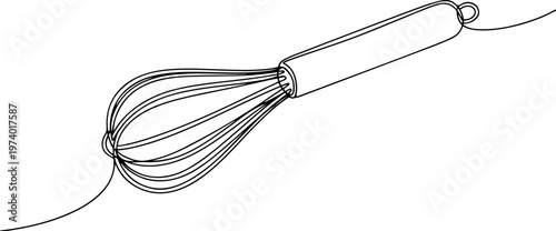 Continuous one line of an egg beater whisk, ingredient mixing symbol, style hand drawing vector illustration.