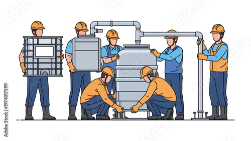 Industrial Assembly: A team of dedicated workers collaboratively assemble industrial equipment, showcasing the synergy of skilled labor in a technical environment. 