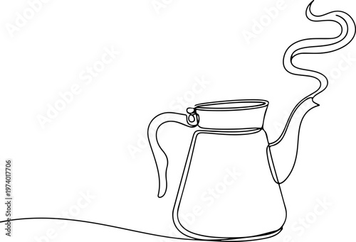 Continuous one line of a coffee pot, symbolizing morning routine, style hand drawing vector illustration.