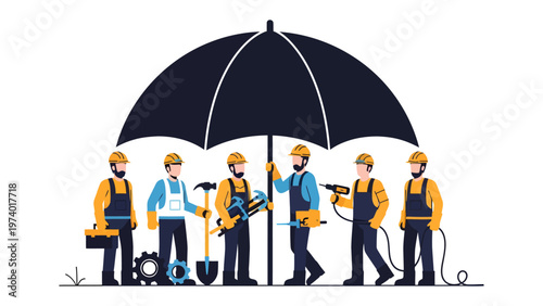 Protection Under The Umbrella: A group of skilled workers stand under the safety umbrella, symbolizing protection, and solidarity in the face of workplace risks.