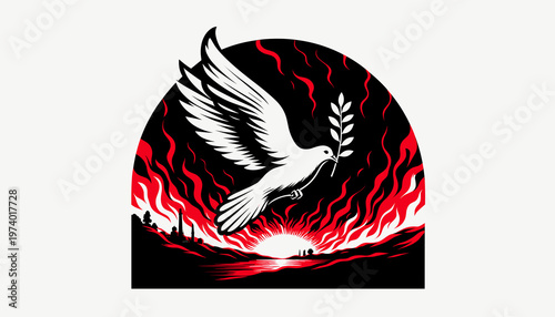 Dove carrying olive branch with flames and sunset in background  