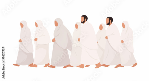 Muslim, people, walking, white, robes, vector, illustration, Islamic, traditional, clothing