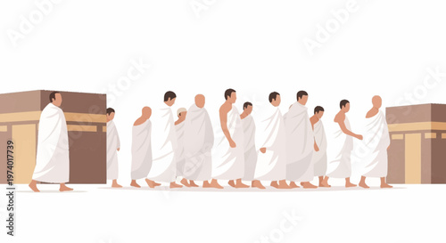 Pilgrims in white robes walk around Kaaba during Hajj ritual in Mecca, Saudi Arabia.