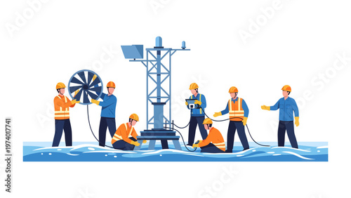 Building a wind turbine: Skilled technicians collaborate on-site, meticulously assembling the components of a wind turbine to harness the power of nature. 